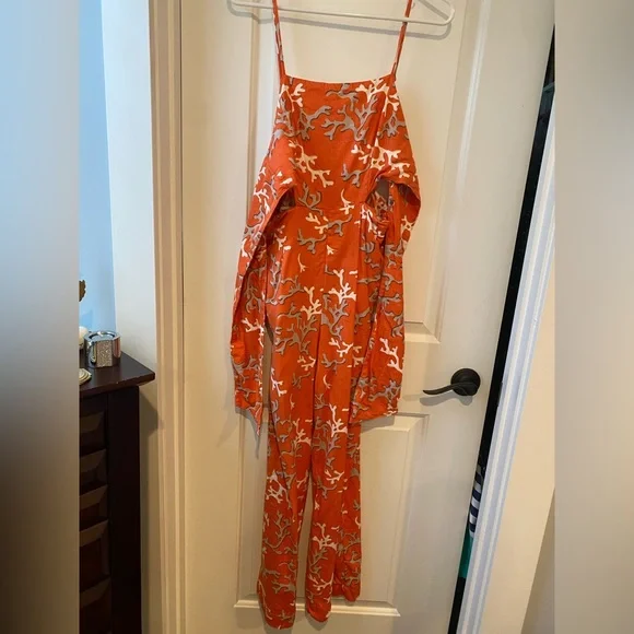 Maeve Riviera Orange and White Linen Jumpsuit Size 4 - Picture 4 of 8